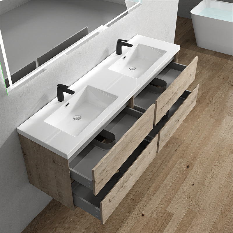 Ashley 72'' Floating Vanity, Acrylic Top, Double Sink, Light White Oak