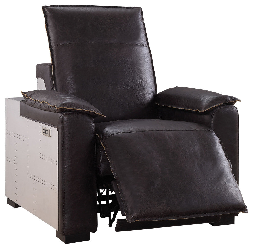 Acme Nernoss Power Motion Recliner Dark Grain Brown Leather and Aluminum