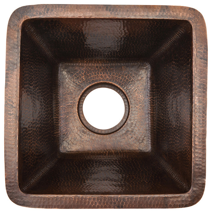 15" Square Hammered Copper Bar/Prep Sink, 3.5" Drain Opening