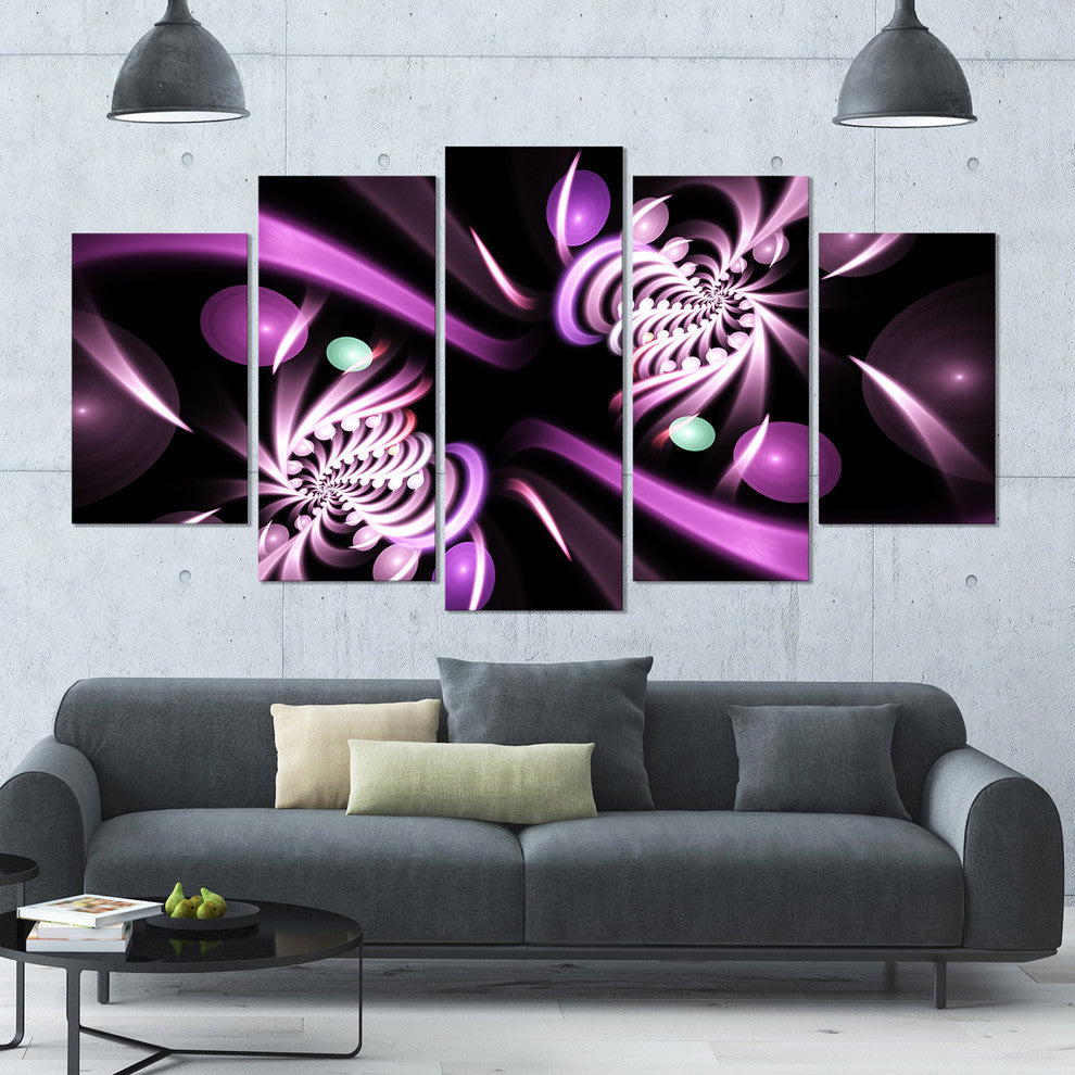 Purple on Black 3D Surreal Art, Large Floral Canvas Art Print, 60"x32", 5 Panels