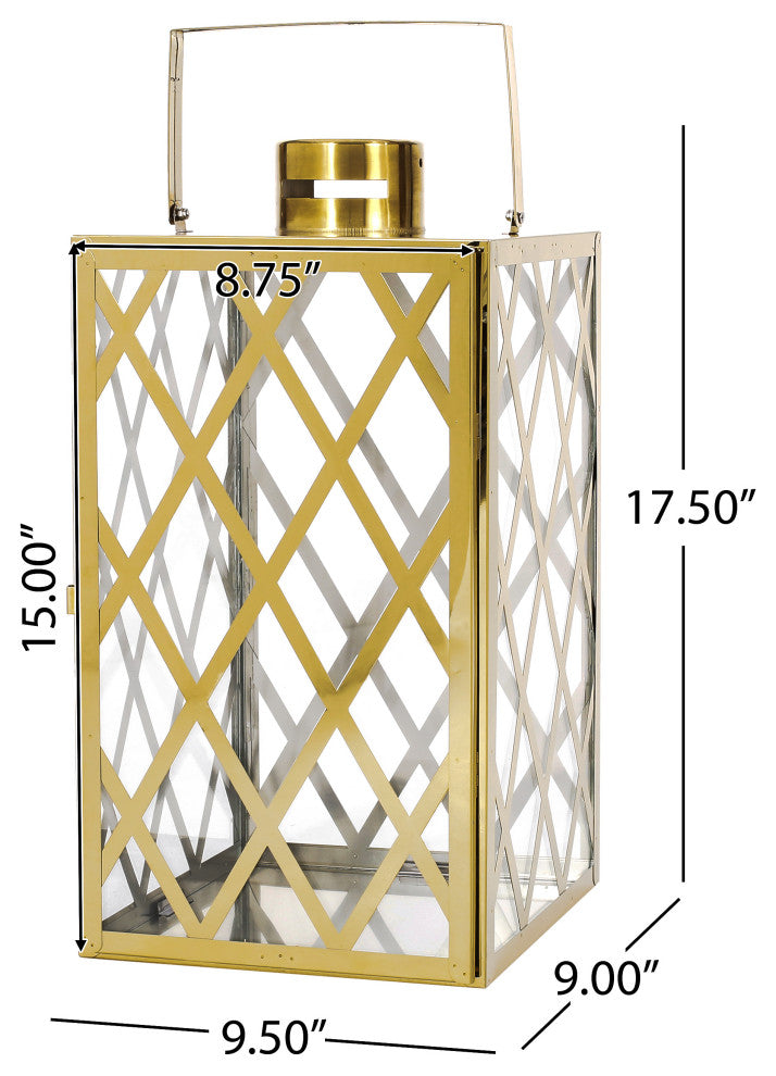 Cecil Outdoor 18" Modern Stainless Steel Lantern, Gold