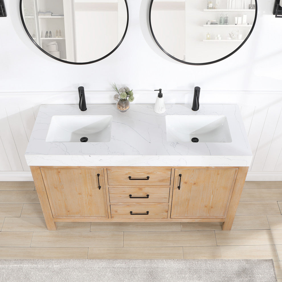 Leon Bath Vanity With Composite Stone Top, Fir Wood Brown, 60" Double Sink, With Mirror