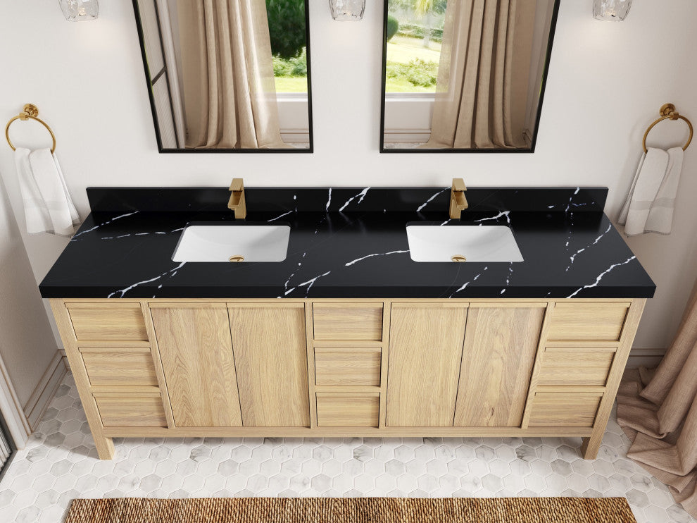 Elizabeth Oak 84" Double Sink Vanity, White 2" Calacatta Black