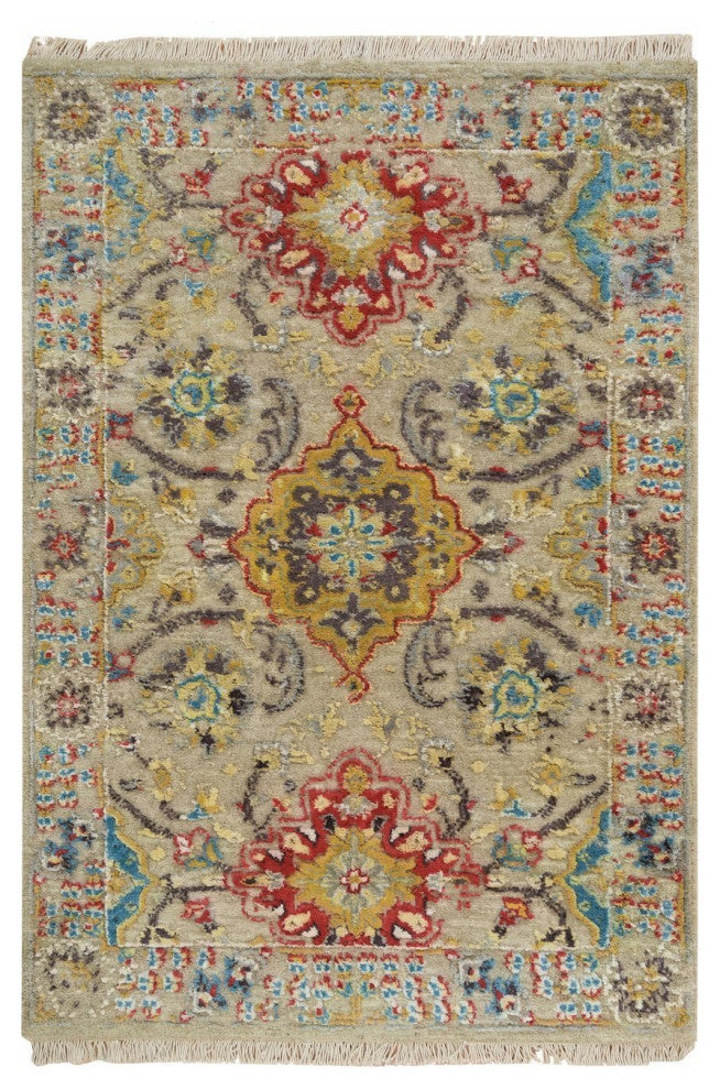 Khaki The Sunset Rosettes Wool and Silk Hand Knotted Mat Oriental Rug 2'x3'