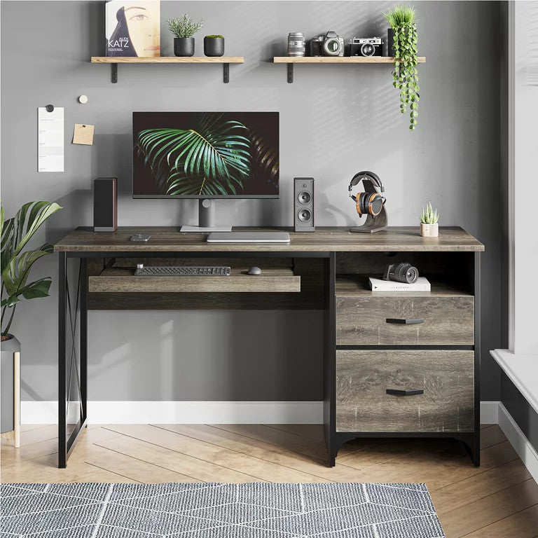 Industrial Desk, Spacious Top With Keyboard Tray & Storage Drawers, Dark Gray