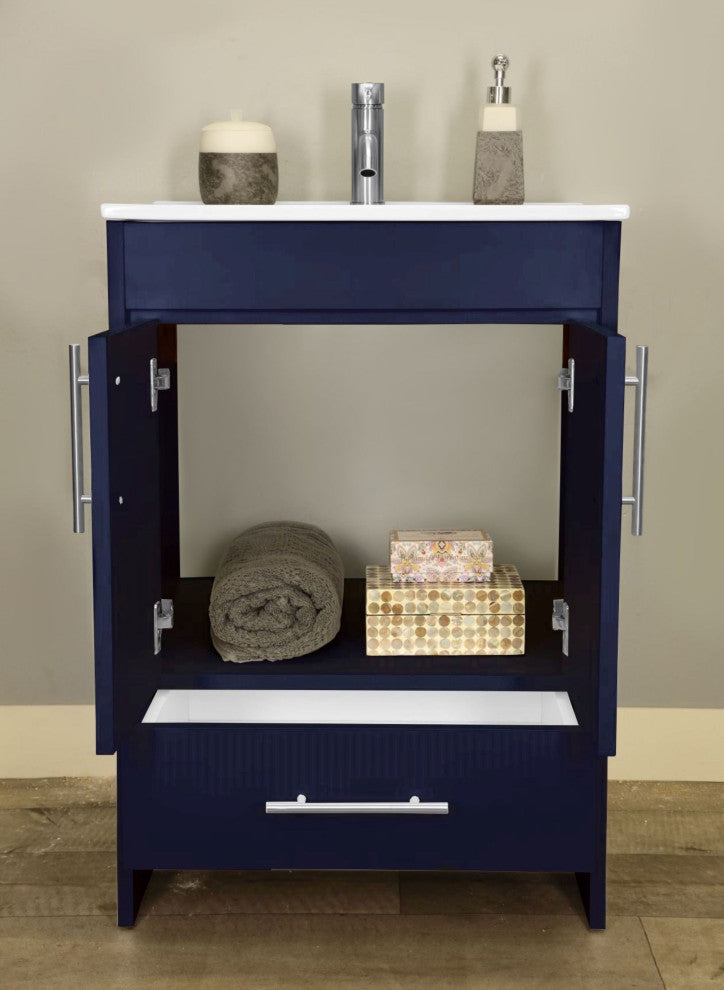 Pacific 24 Bathroom Vanity With Ceramic Top and Brushed Nickel Handles, Navy