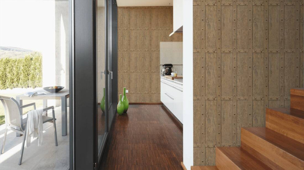 Nature Textured Wallpaper Featuring Wooden Joints Pattern, Brown, Sample