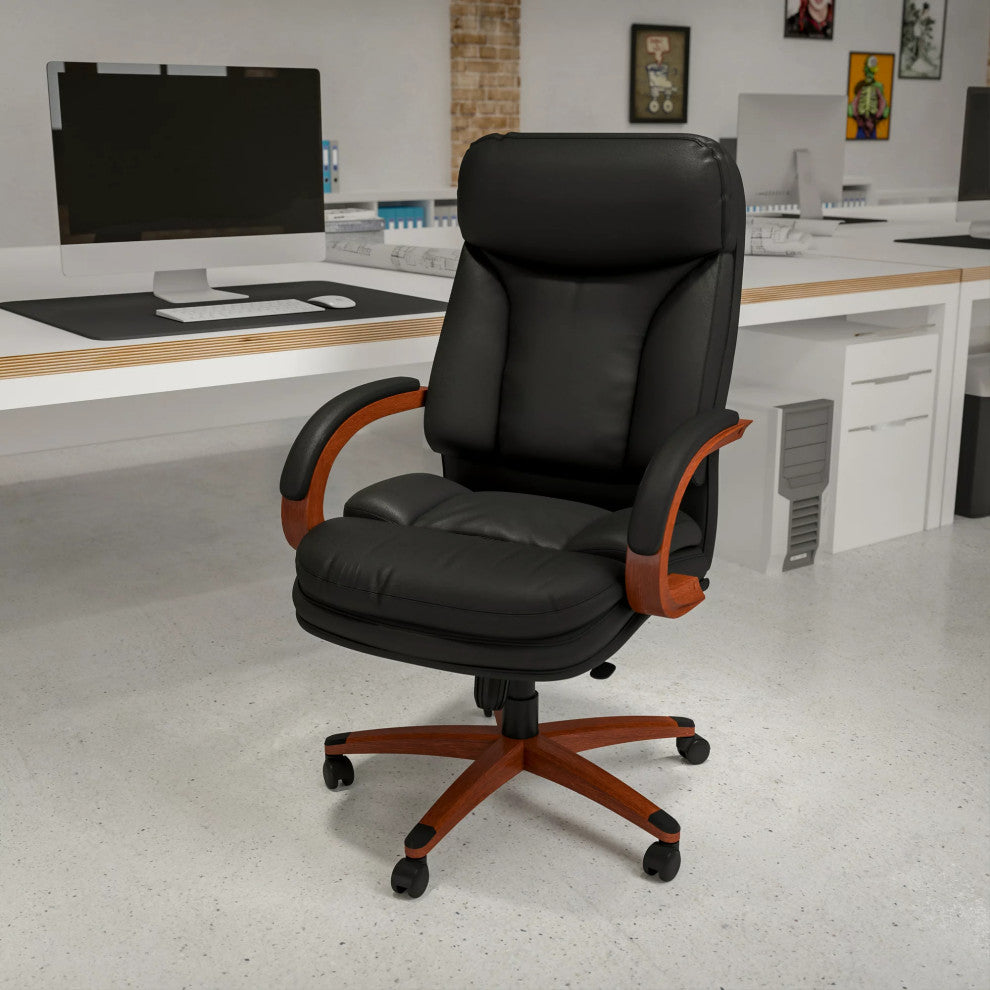 Contemporary Office Chair, Mahogany Wooden Base With Padded Arms, Black