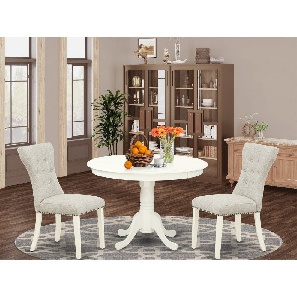 3Pc Dinette Set, Pedestal Table, 2 Chairs, Doeskin Chairs Seat, Linen White