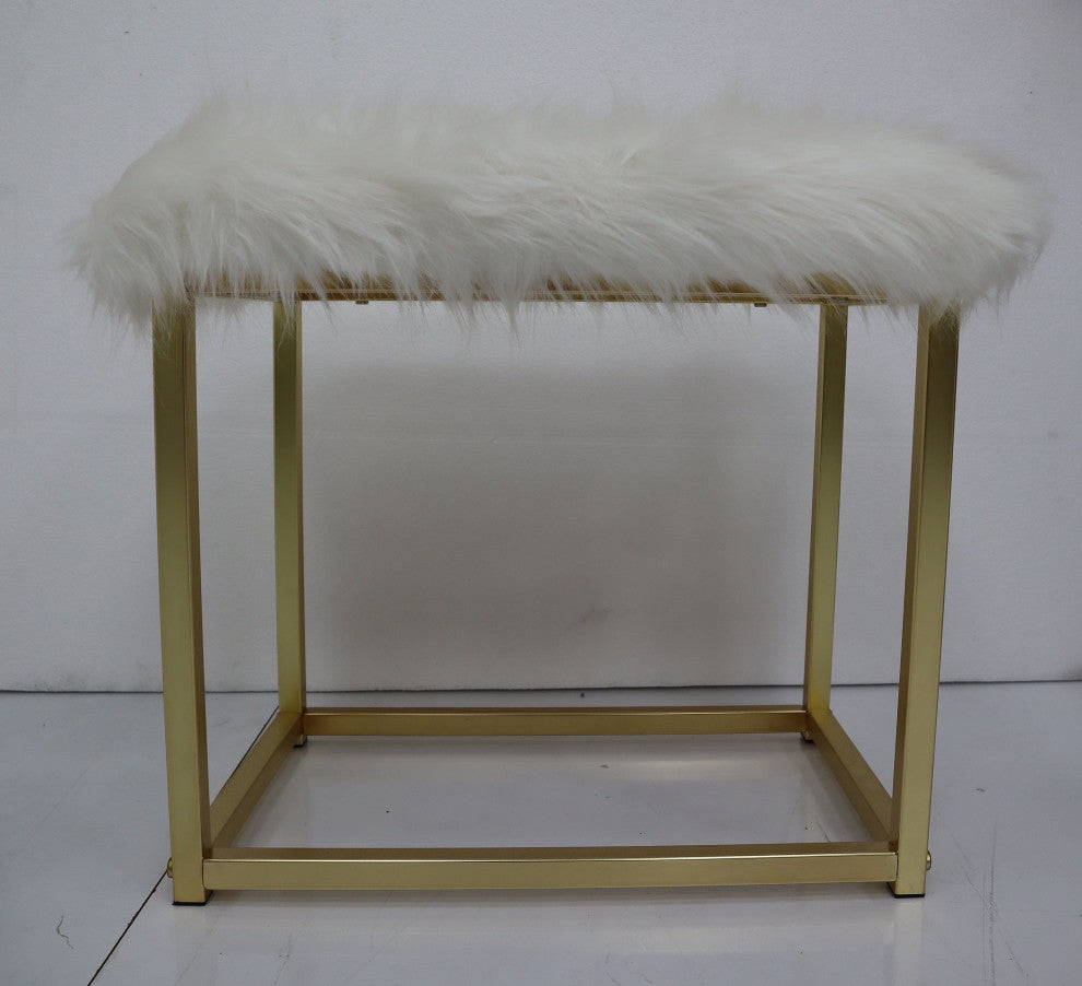 ACME Adao Vanity Mirror and Stool, Faux Fur, Mirror, Pink and Gold Finish