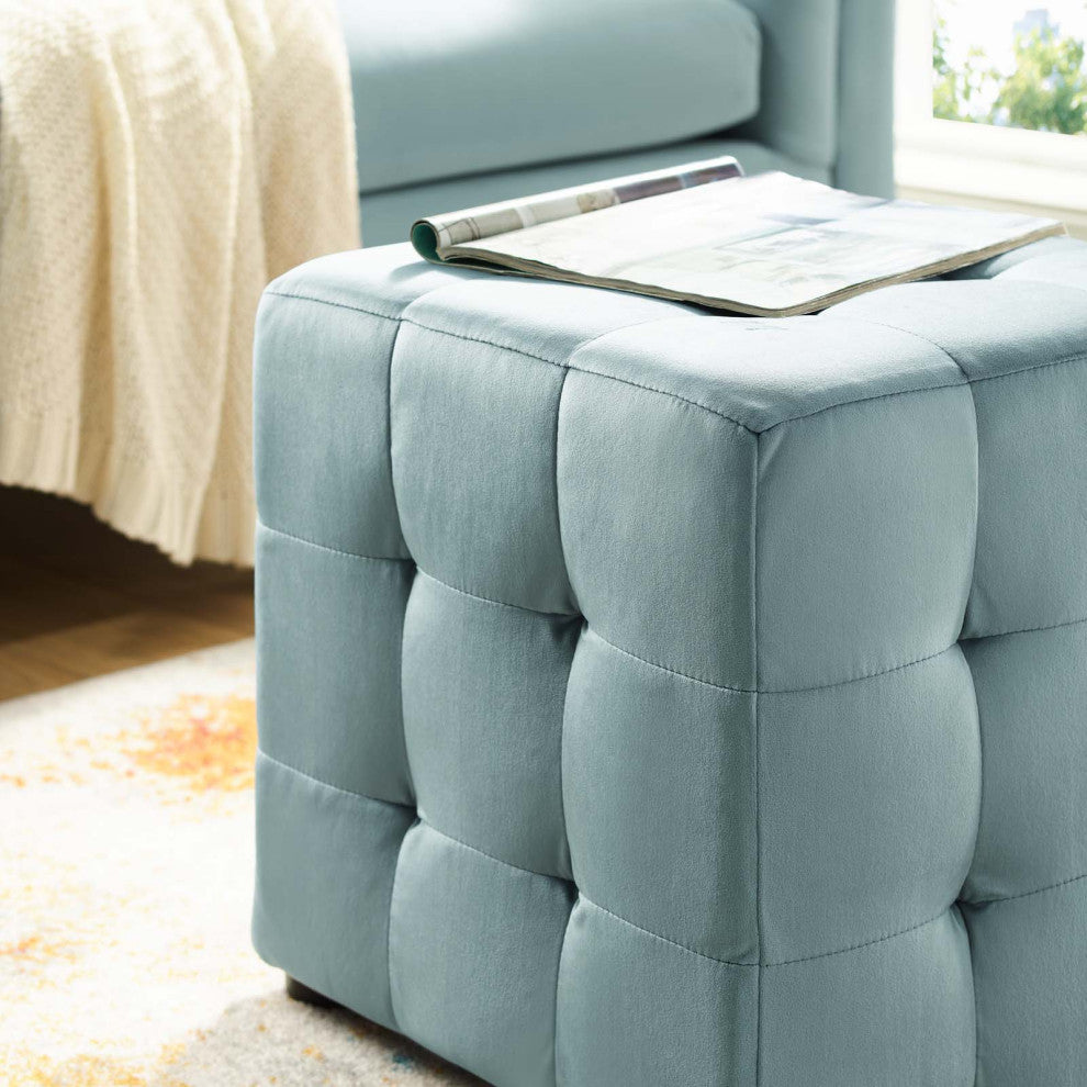 Contour Tufted Cube Performance Velvet Ottoman Light Blue