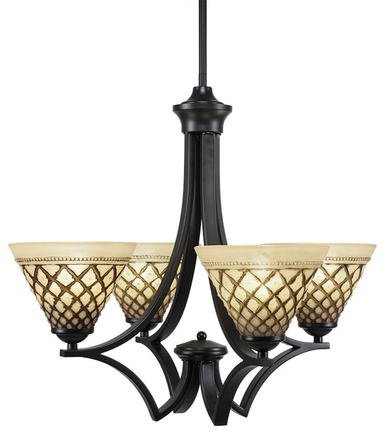 Zilo 4 Light Chandelier, Matte Black Finish With 7" Chocolate Icing Glass