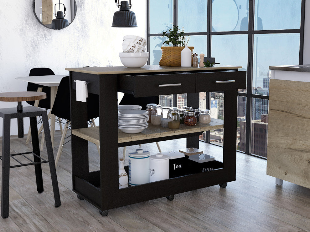 Brooklyn 80 Light Oak Accented Kitchen Island, with Shelves and Drawers, Black