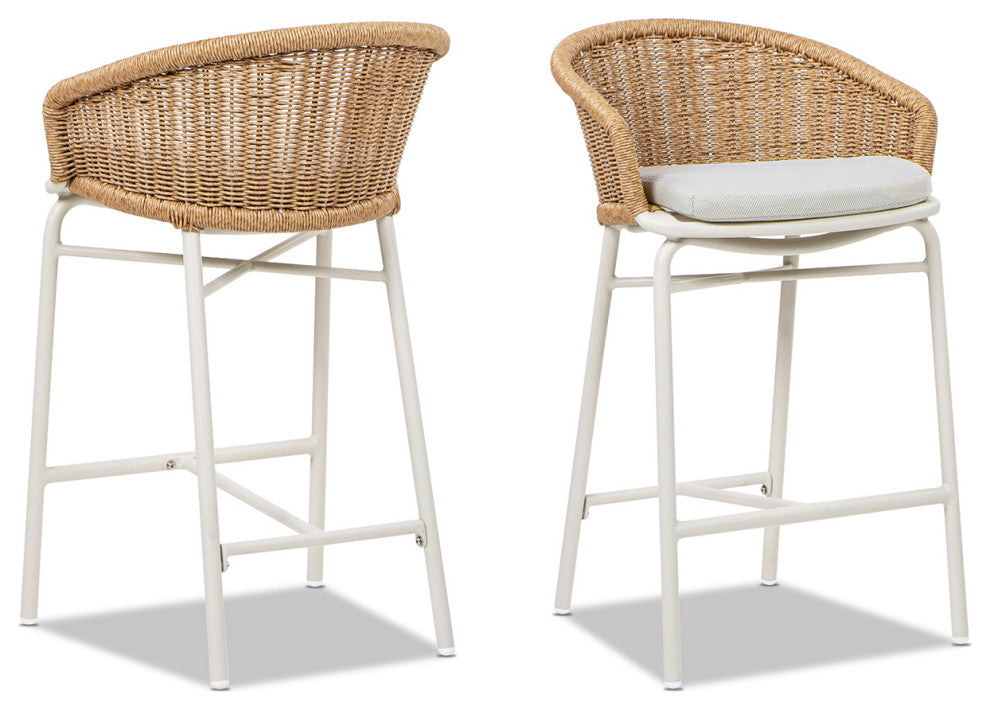 Santorini 28" Wicker Outdoor Patio Bar Stool With Arms, Set of 2, Wheat Beige