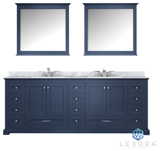 Dukes 84" Navy Blue Double Vanity, White Square Sinks, 34" Mirrors With Faucets