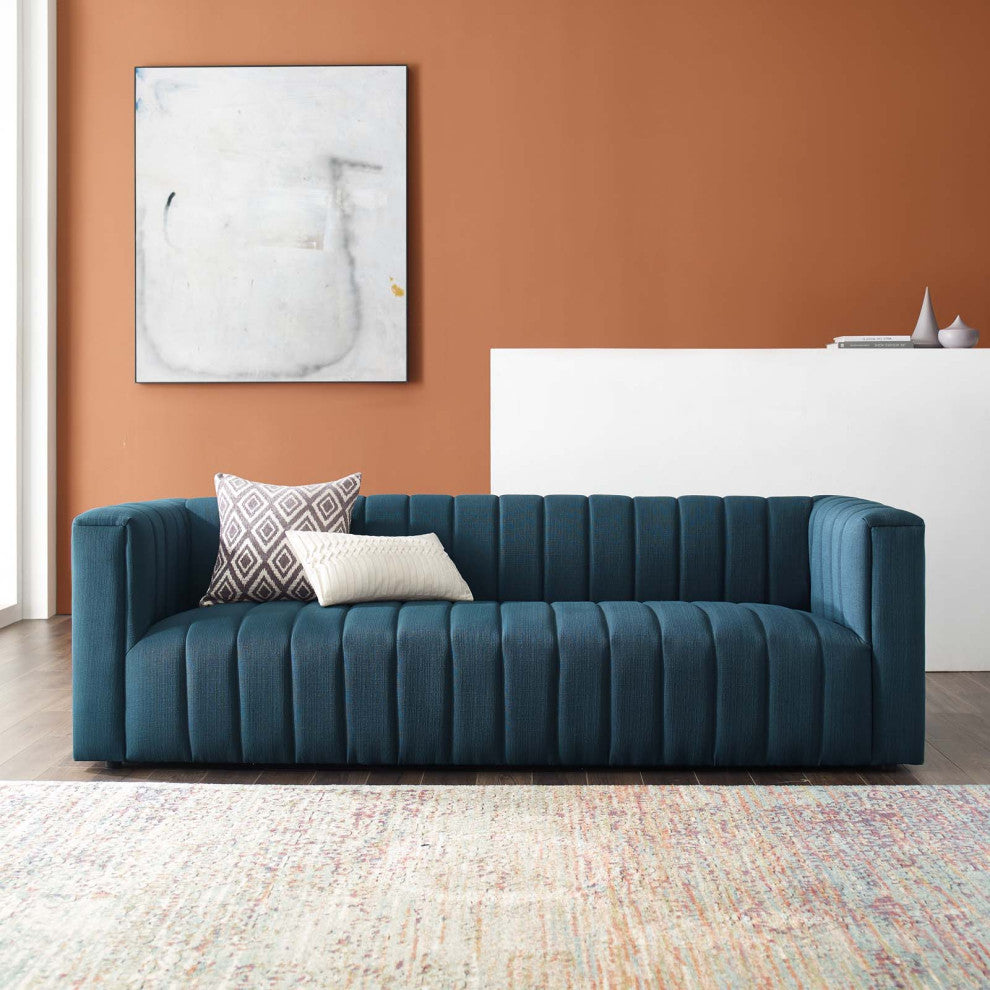 Tufted Sofa, Fabric, Navy Blue, Modern, Living Lounge Hotel Lobby Hospitality