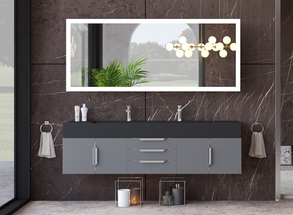 CastelloUSA Nile 72" Wall Mounted Bathroom Vanity Set, Gray, Black Top, Chrome Handles