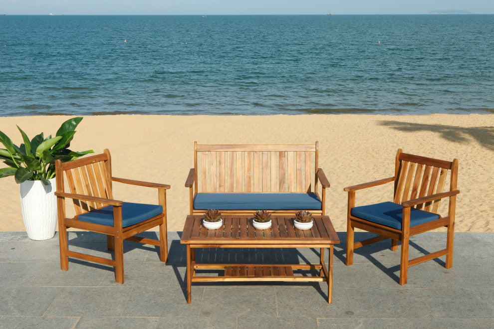 Safavieh Burbank 4-Piece Indoor-Outdoor Living Set, Natural/Navy