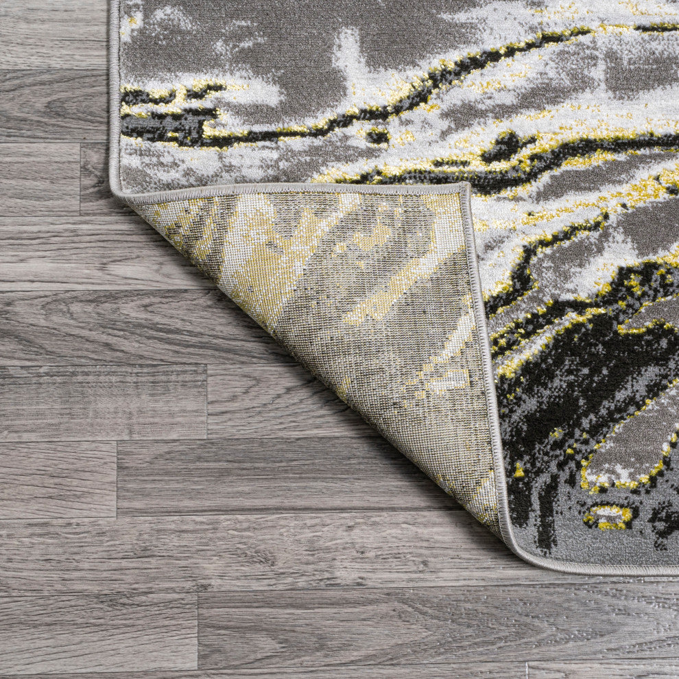 Swirl Marbled Abstract Area Rug, Black/Yellow, 5 X 8