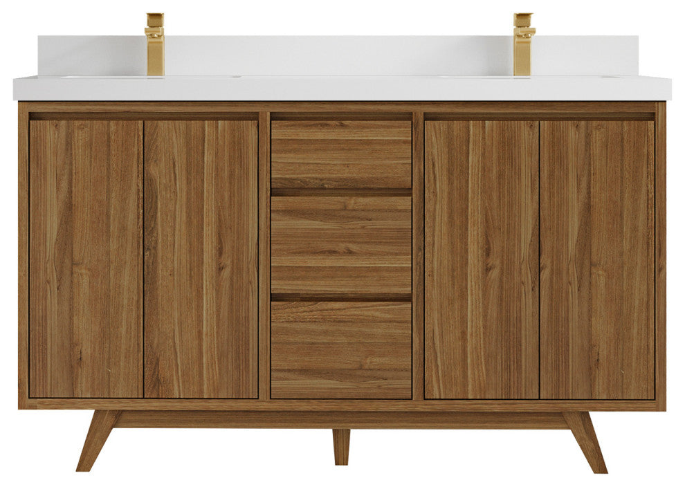 Madison Teak 60 Double Bathroom Vanity in Dark Natural 2" White Quartz