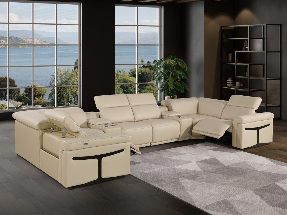 GIOVANNI 8-Piece 2-Power Reclining Italian Leather Sectional, Beige