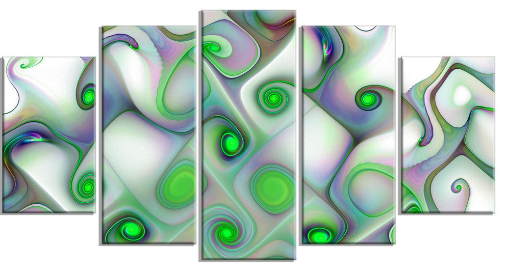 White Green Pattern with Swirls, Contemporary Wall Art Canvas, 60"x32", 5 Panels