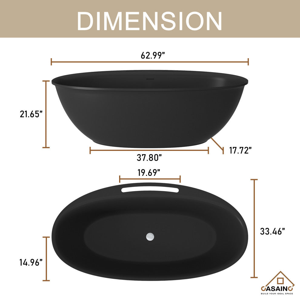 63in Solid Surface Freestanding Bathtub in Matte White, Matte Black
