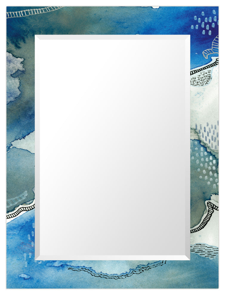 "Subtle Blues" Beveled Mirror on Printed Abstarct Tempered Art Glass, 40x30"