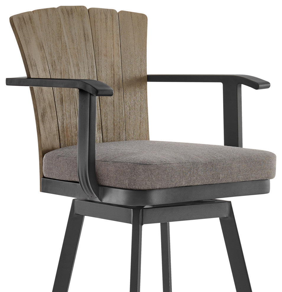 Hazel Outdoor Patio Swivel Bar Stool, Aluminum Teak Wood/Charcoal Cushion