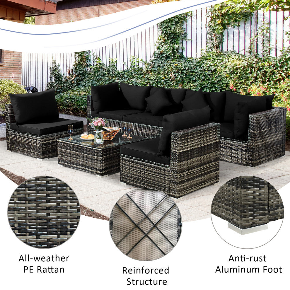 Costway 7PCS Patio Rattan Furniture Set Sectional Sofa Garden Black Cushion