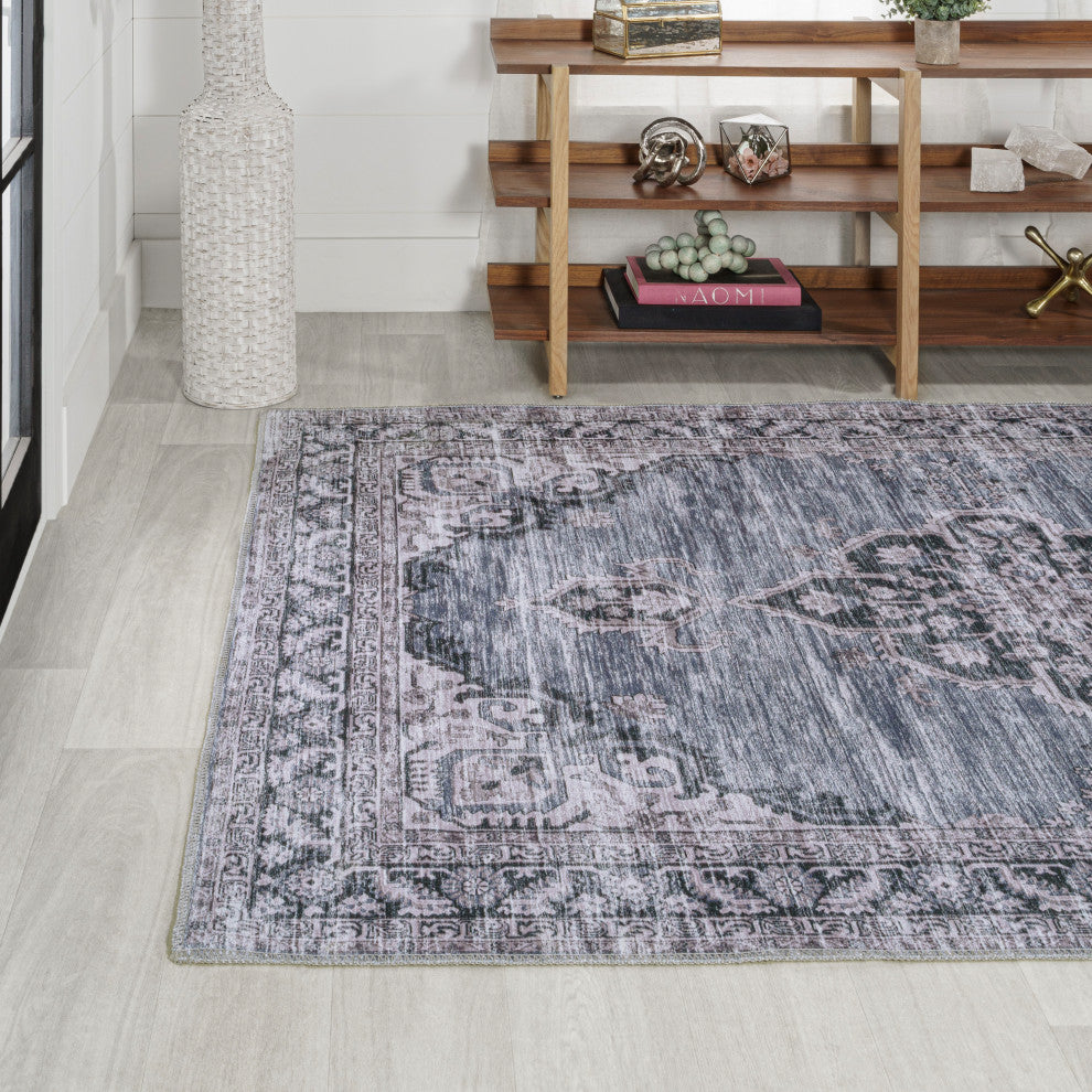 Wincer Chenille Cottage Medallion Washable Rug, Navy/Gray/Black, 5 X 8