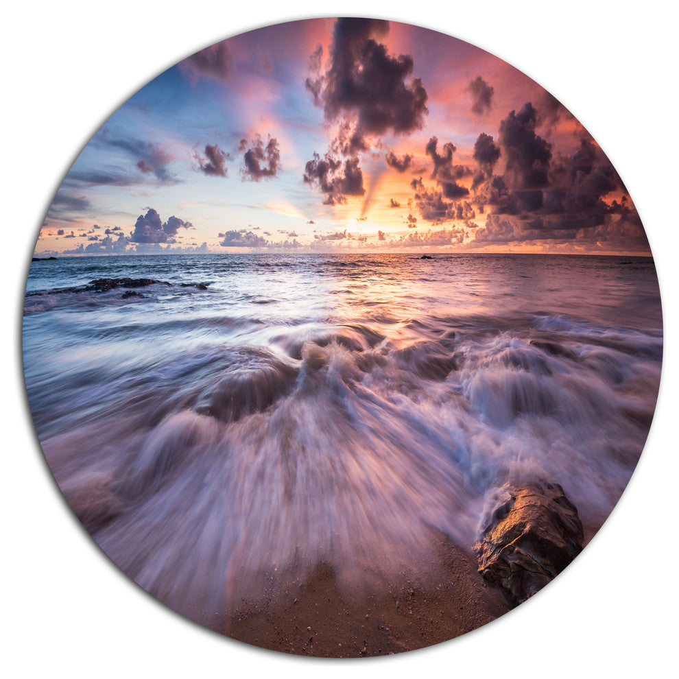 Beautiful Sea Waves At Sunset, Beach Round Metal Wall Art, 11"