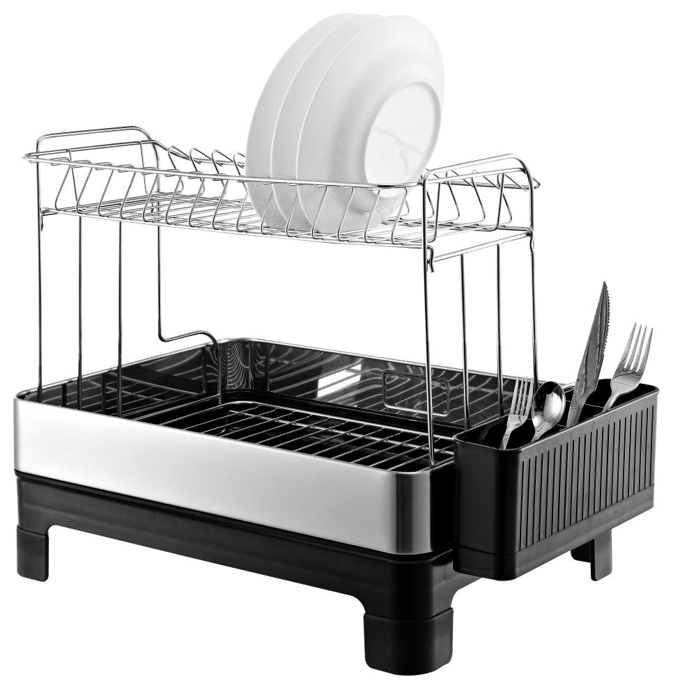 Palazzo 20.75" Stainless 2-Tier Dish Rack With Swivel Spout Tray, Steel/Black