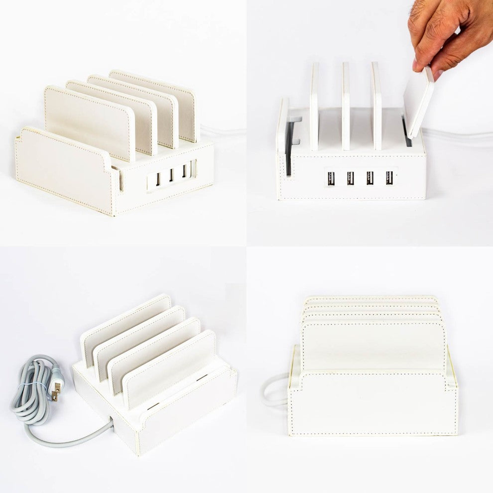 Compact Charging Station With Integrated 4-Port USB, White Leatherette, With Set