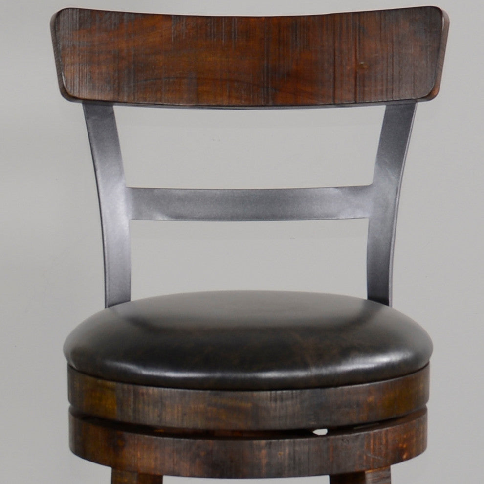 Dark Rustic Ladder Back Swivel Barstool Black Leather Seat 30"H