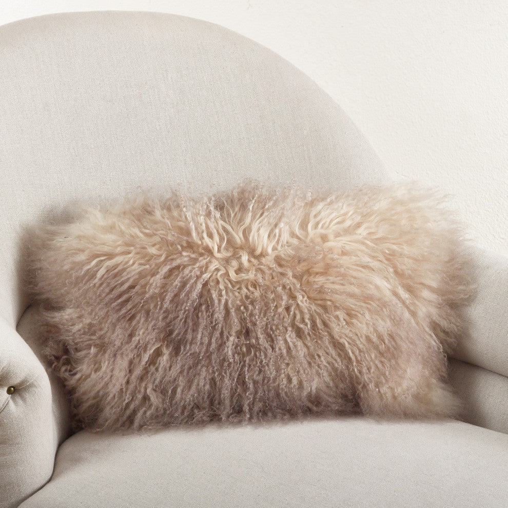 Mongolian Lamb Fur Poly Filled Throw Pillow, Oyster, 12"x20"