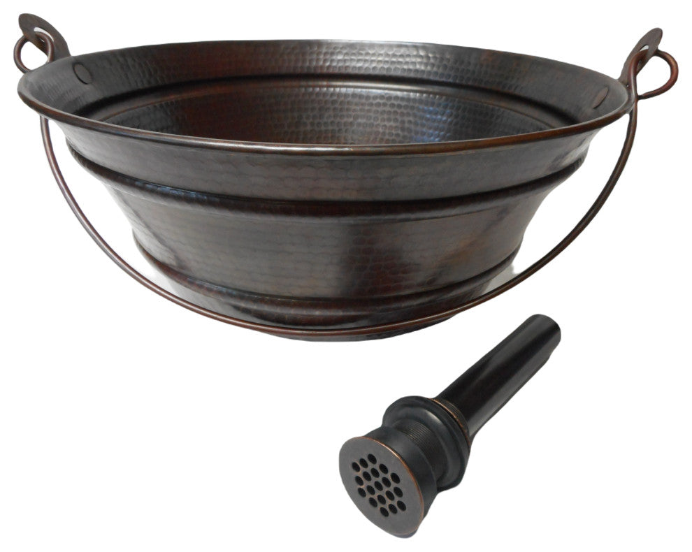 Rustic Copper Vessel BUCKET Bathroom Sink 19-Hole Grid Drain Included