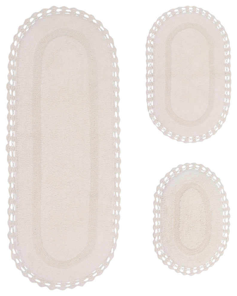 Hampton Crochet Reversible Bath Rug, 3-Piece Set With Runner, Ivory