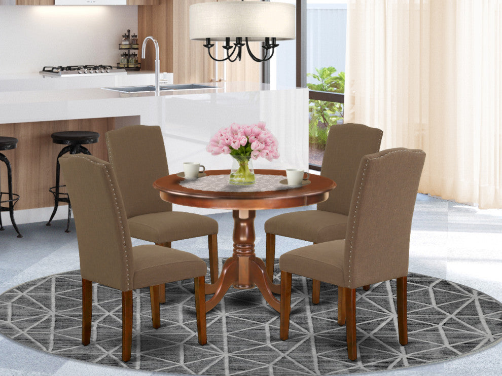 5-Piece Round 42" Table and 4-Parson Chair, Linen Fabric Dark Coffee