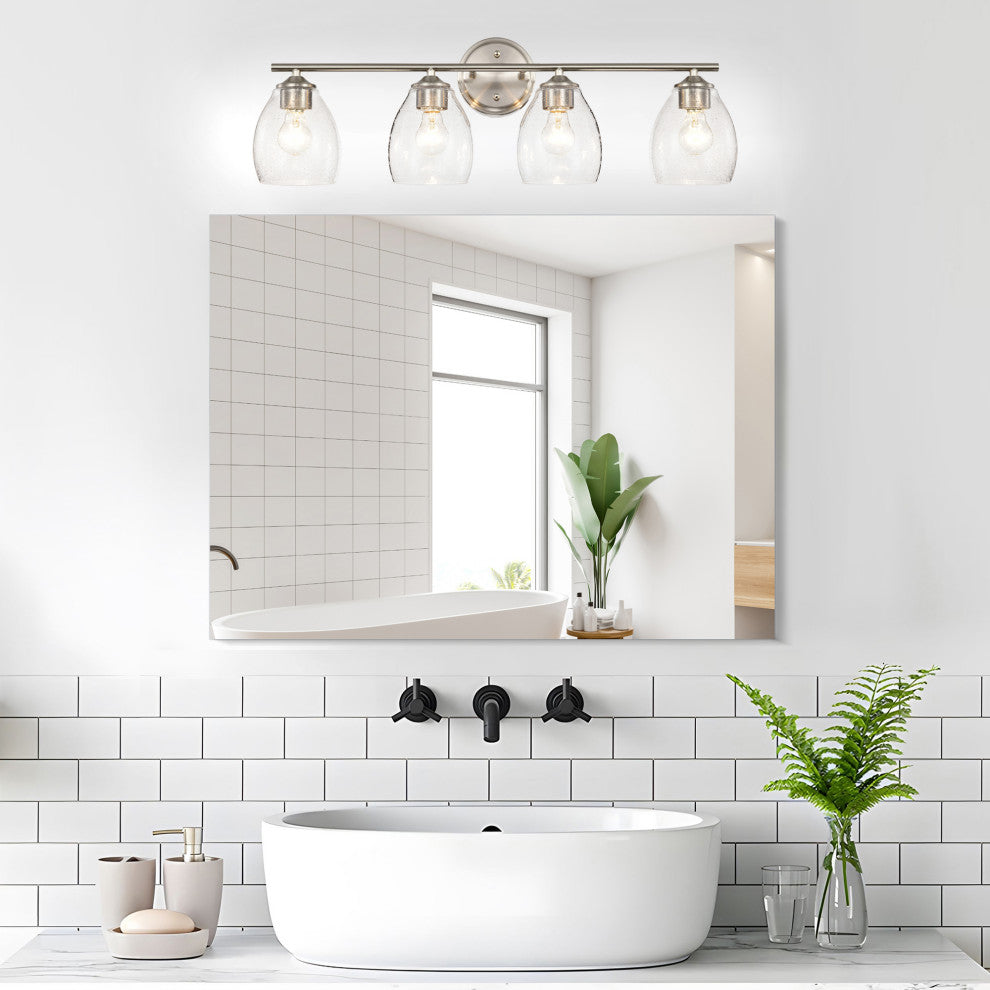30 in. 4-Light Brushed Nickel Vanity Light With Bell-shaped Seedy Glass Shades