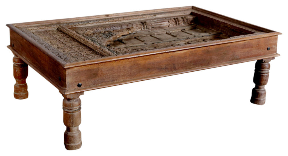 Consigned Antique Old Teak Coffee Table Wooden Spanish Carved Jharokha Table