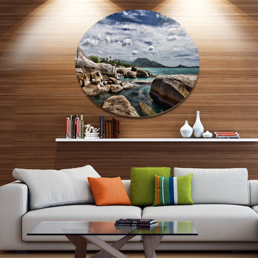 Rocky Beach With Dramatic Sky, Seashore Disc Metal Artwork, 11"