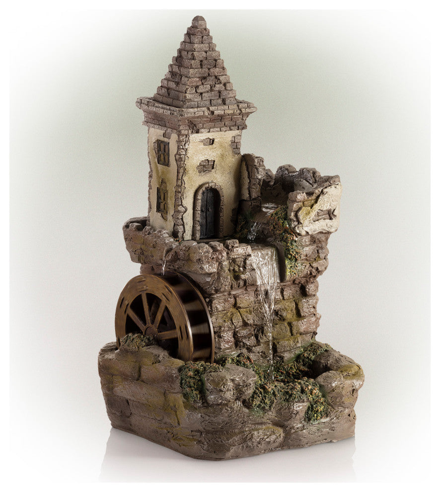 35" Tall Outdoor Fairy Castle Waterwheel Tiered Fountain Yard Art Decoration