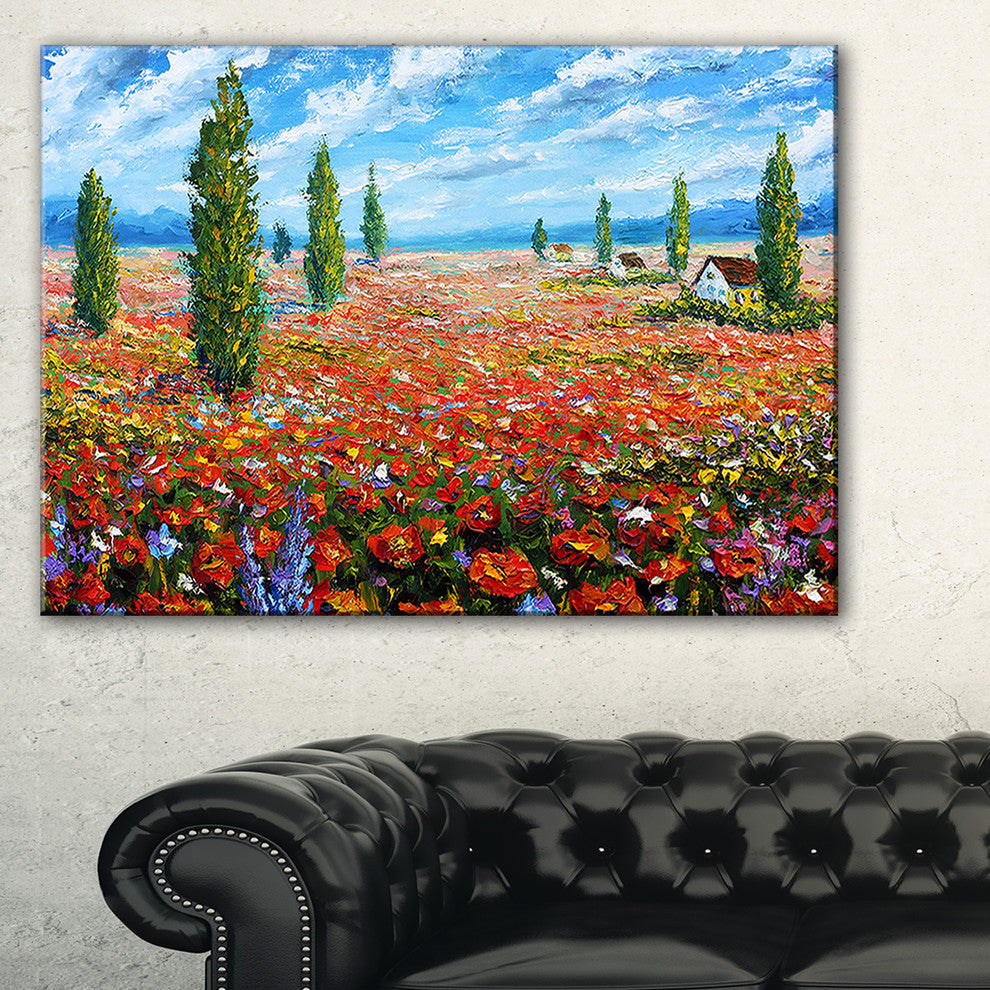 "Red Poppies Field Watercolor" Flower Canvas Wall Art, 32"x16"