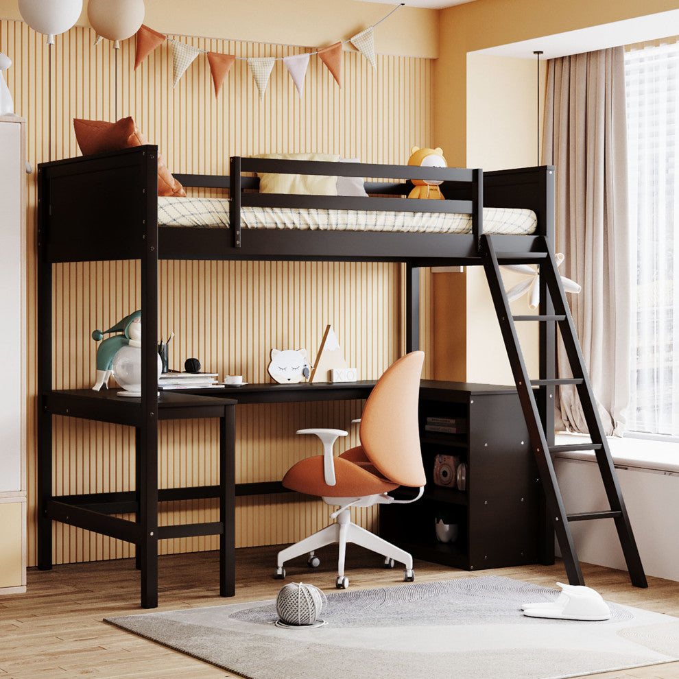 Gewnee Twin size Wood Loft Bed with Shelves and Desk in Espresso