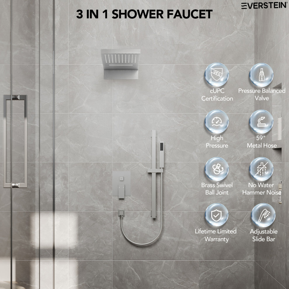 Dual-Function Waterfall & Rainfall Shower Faucet Set With Rough-In Valve, Brushed Nickel