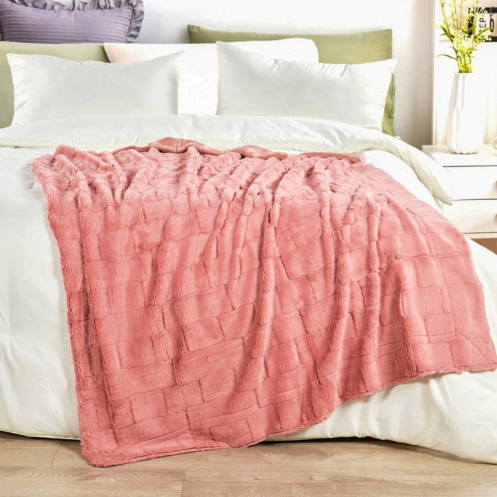 Kasaya Jacquard Supersoft Faux Fur Throw Blanket, Terra Cotta, 50" X 60"