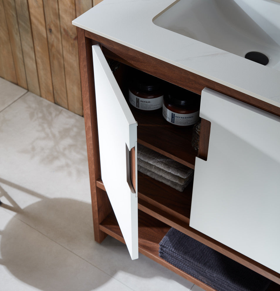 LYON Freestanding Modern Bathroom Vanity, Beige, 30", White Countertop