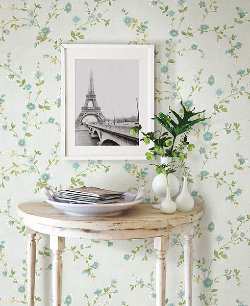 Traditional Floral Vine Wallpaper, Blue/Green/Yellow, Sample
