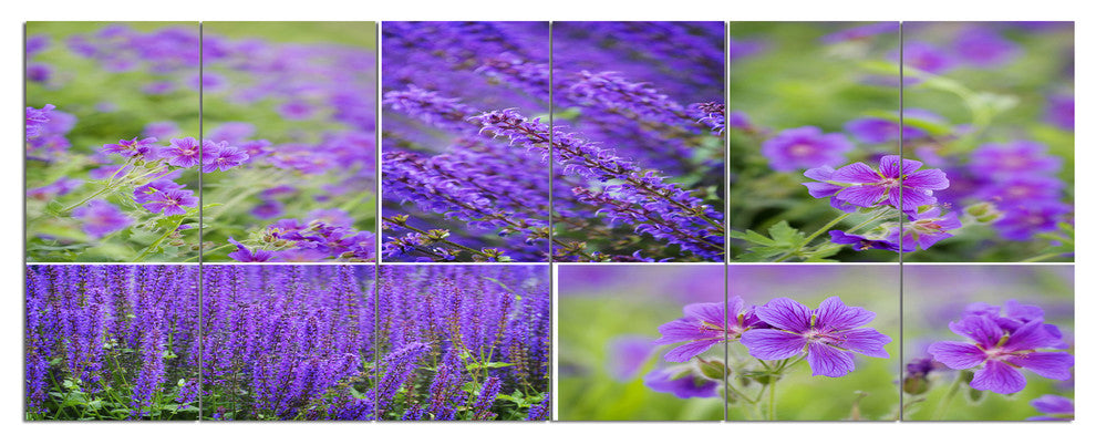 Blue Spring Flowers Collage, Floral Canvas Art Print, 70"x28", 6 Panels